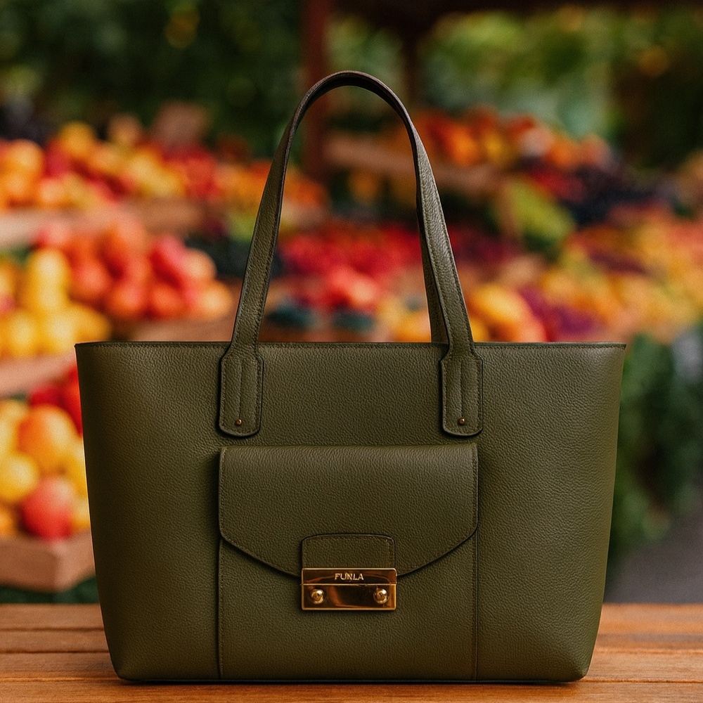 NEW FURLA Julia Salvia Sage Green Pebbled Leather Large Tote Bag - Made in Italy
